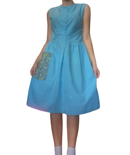 Blue Dress with Floral Pattern Pocket