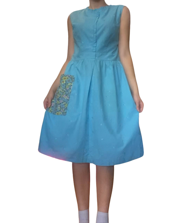 Blue Dress with Floral Pattern Pocket