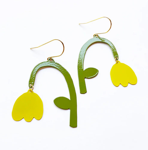 Flower drops yellow + green painted steel dangles