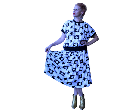 80's Set, top and skirt with playing cards suits motif.