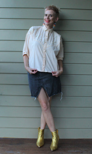 80`s blouse embroidered with fake pearls and bling