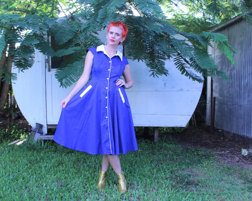 Blue with white details heart and roses reproduction 50`s dress