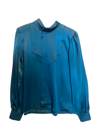 80's teal green office style top with bow neck feature