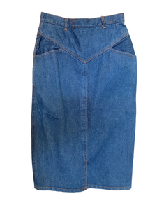Dark blue denim skirt triangle cut pocket