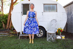 80's Katies dress, blue, Hawaiian print.