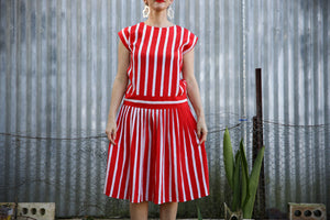 Low waisted red and white striped 80`s dress