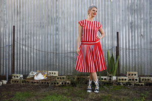 Low waisted red and white striped 80`s dress