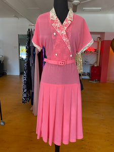 Coral handmade dress with  lace collar and covered buttons