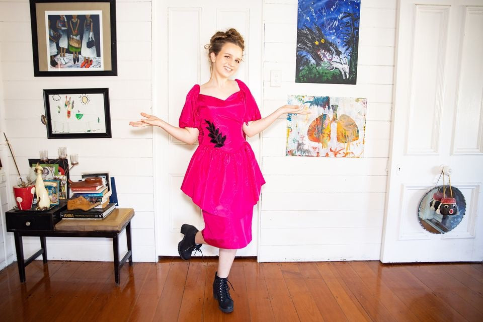 Handmade hot pink cocktail dress with large bow, zip up