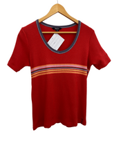 Load image into Gallery viewer, 80’s Red Shirt with a Multi Coloured Stripe