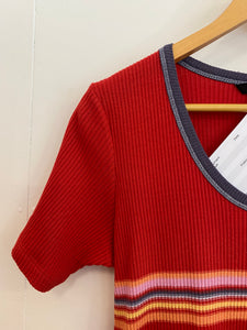 80’s Red Shirt with a Multi Coloured Stripe