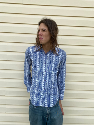 Blue and White Patterned Button Up