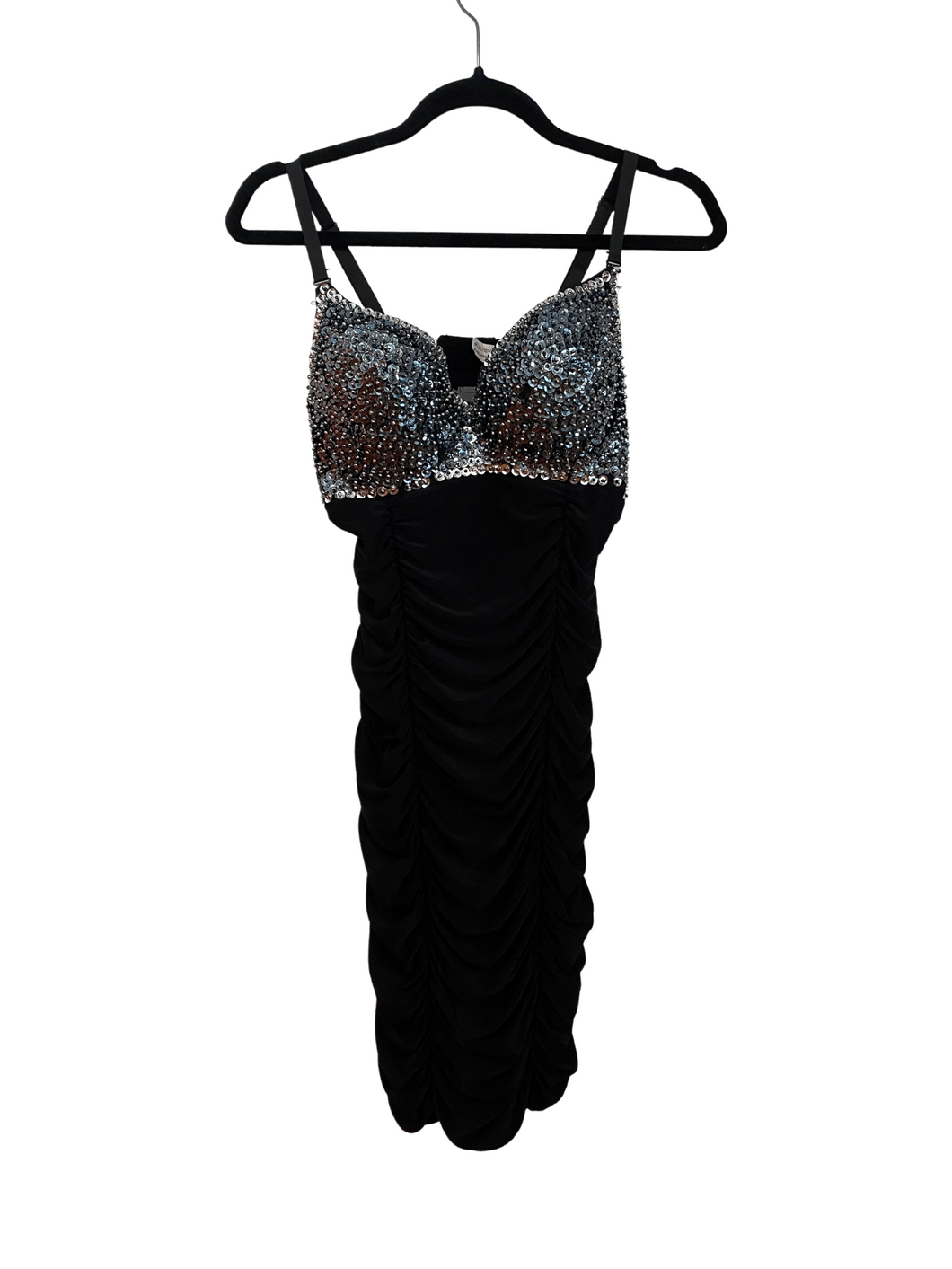 Ruched Black Dress with Sequinned Top