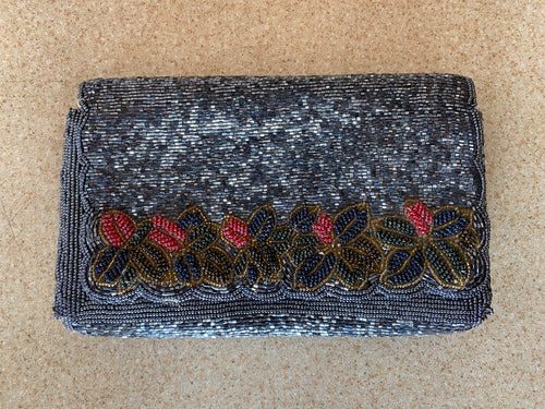 Beaded Navy Blue Clutch with Flowers