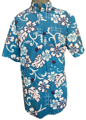 Blue Hibiscus print button up men’s shirt